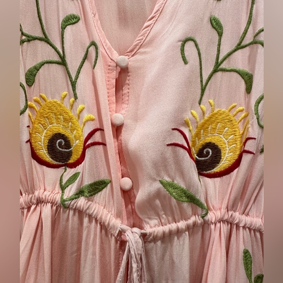 Boho Embroidered Pink Maxi Dress with Bell Sleeves - Picture 8 of 13